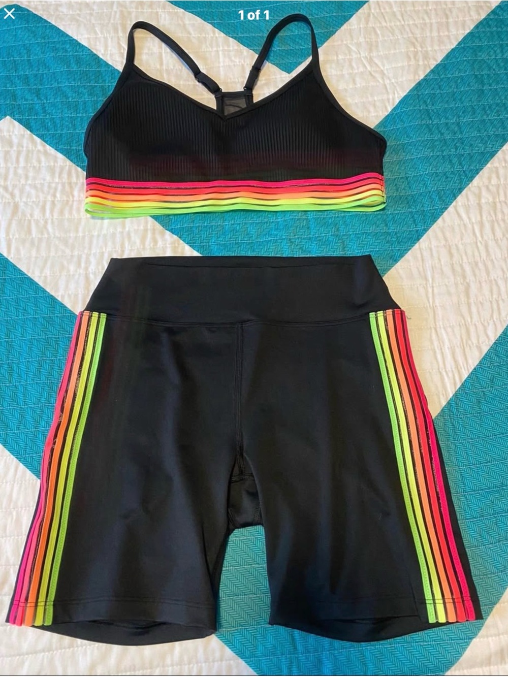 NWOT VS PINK Athletic Shorts with Neon Rainbow Stripes & Bra